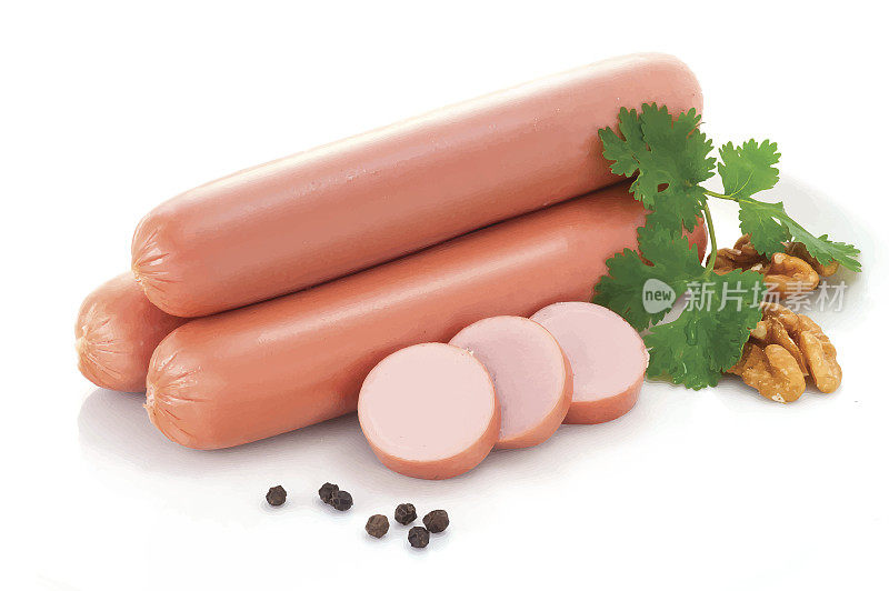 Three whole boiled sausages, three slices of sausages, a sprig of parsley and a walnut with pepper
